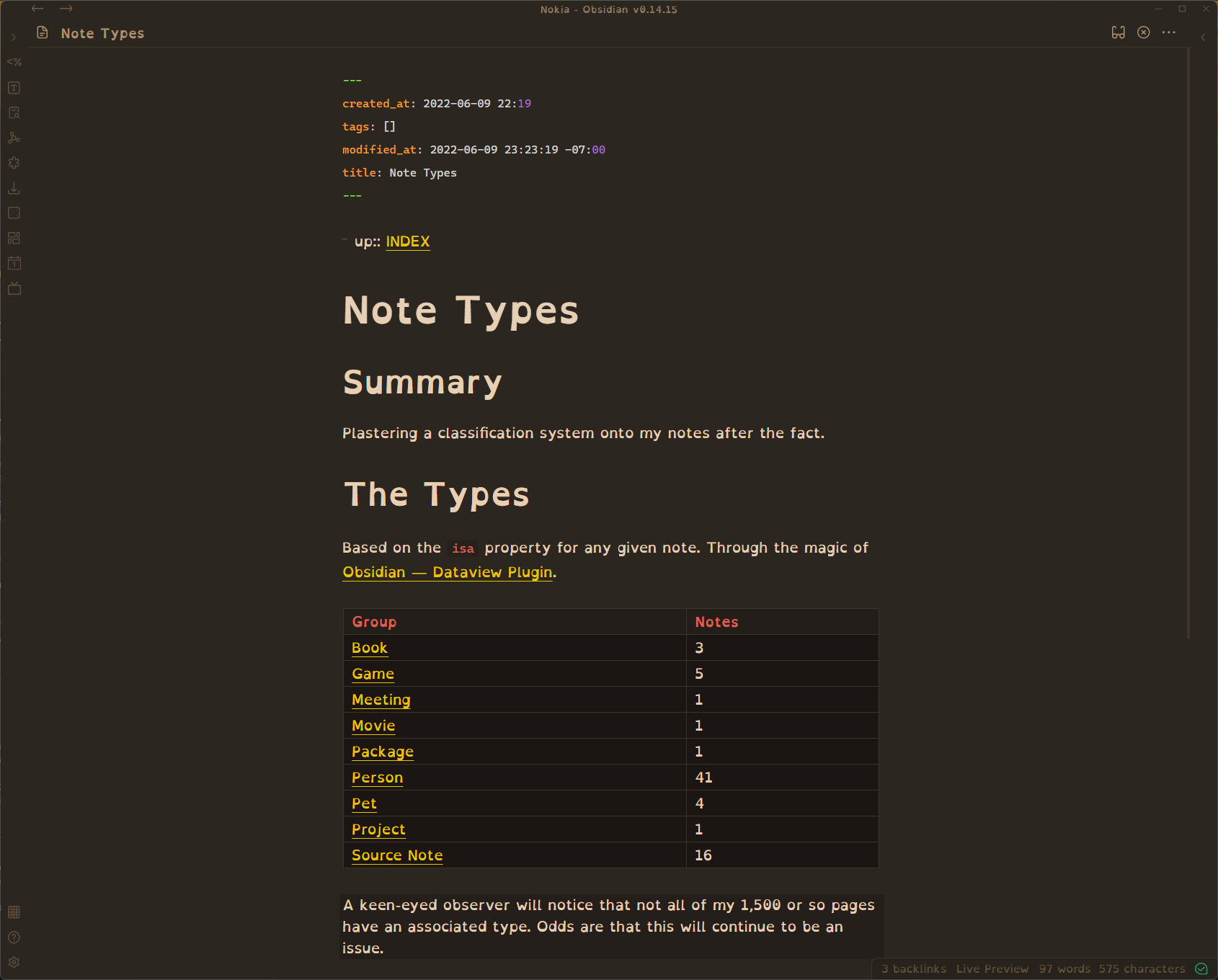 Screenshot of my Obsidian Note Types page, with Dataview table
