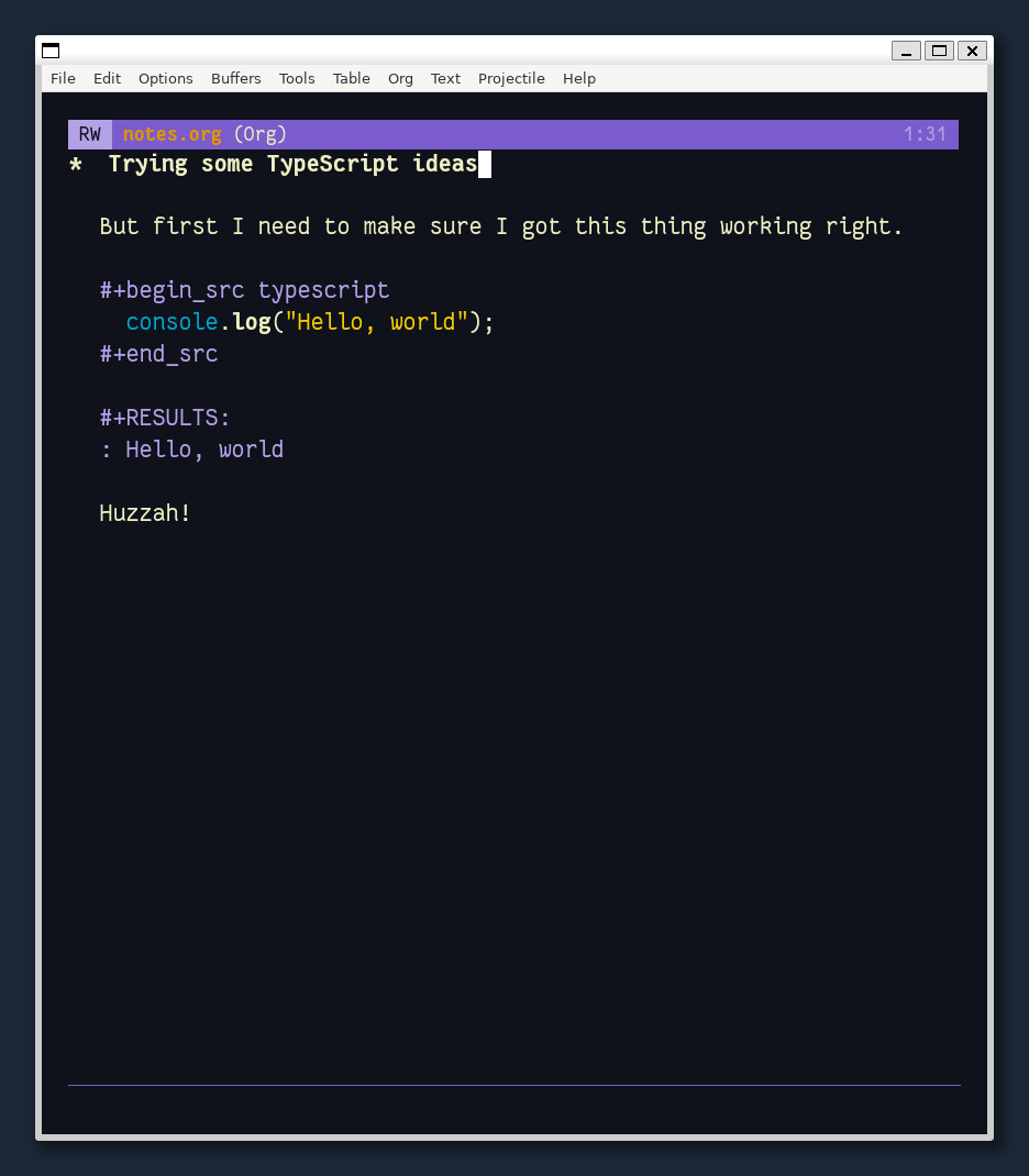 Screenshot of an Emacs Org file showing output of executed typescript block