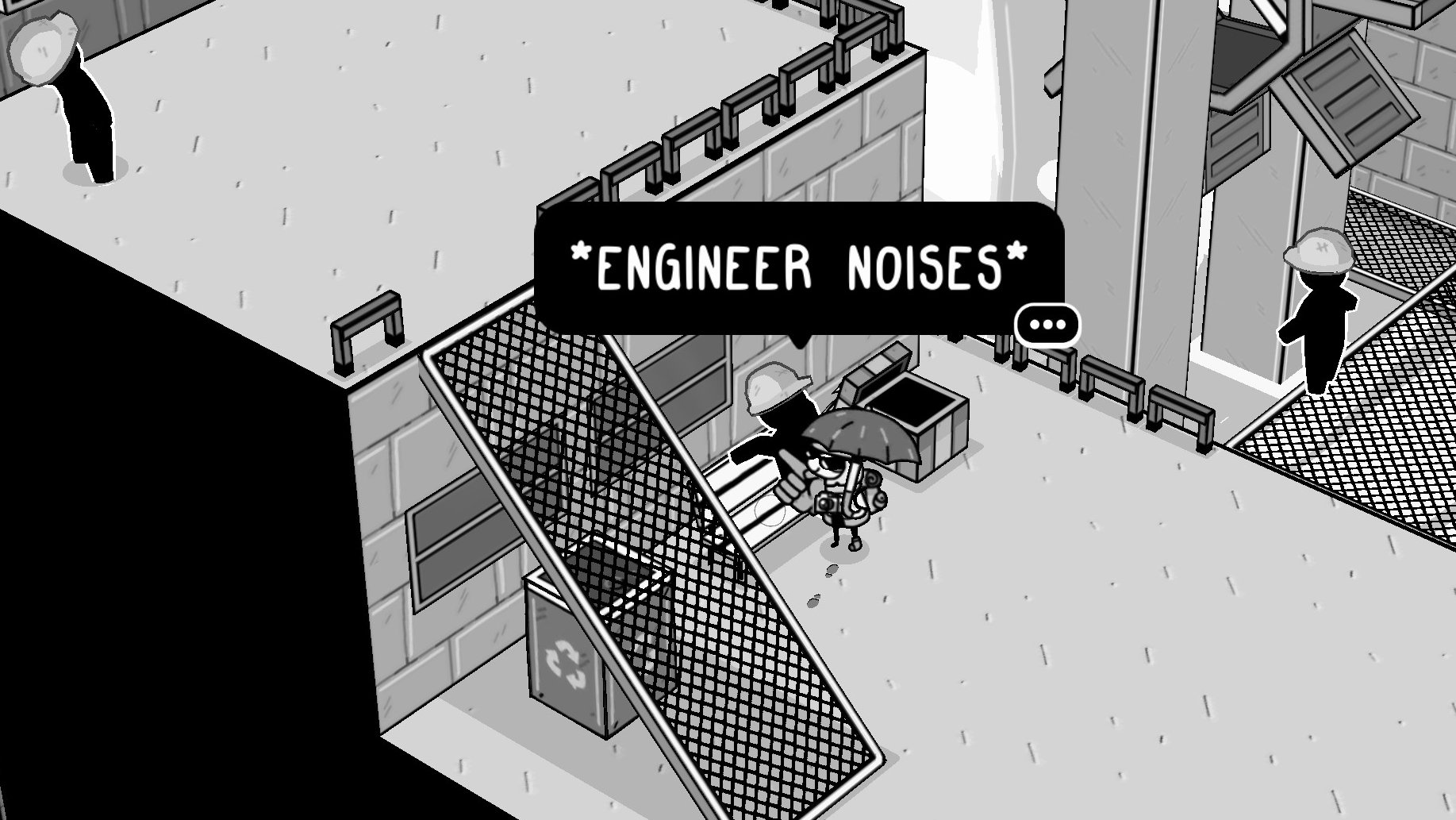 TOEM game showing figure in hard hat with speech bubble that reads '*ENGINEER NOISES*'