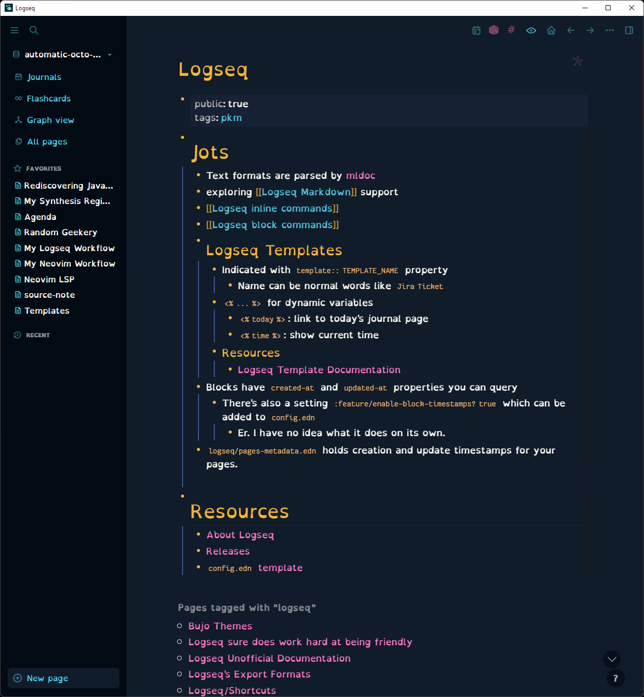 Screenshot of my Logseq page in Logseq with custom style